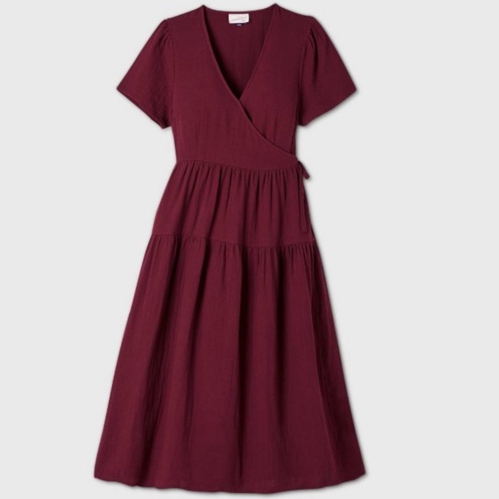 Universal Thread Midi Tiered Burgundy Wrap Dress - 100% Cotton - Size M - EUC